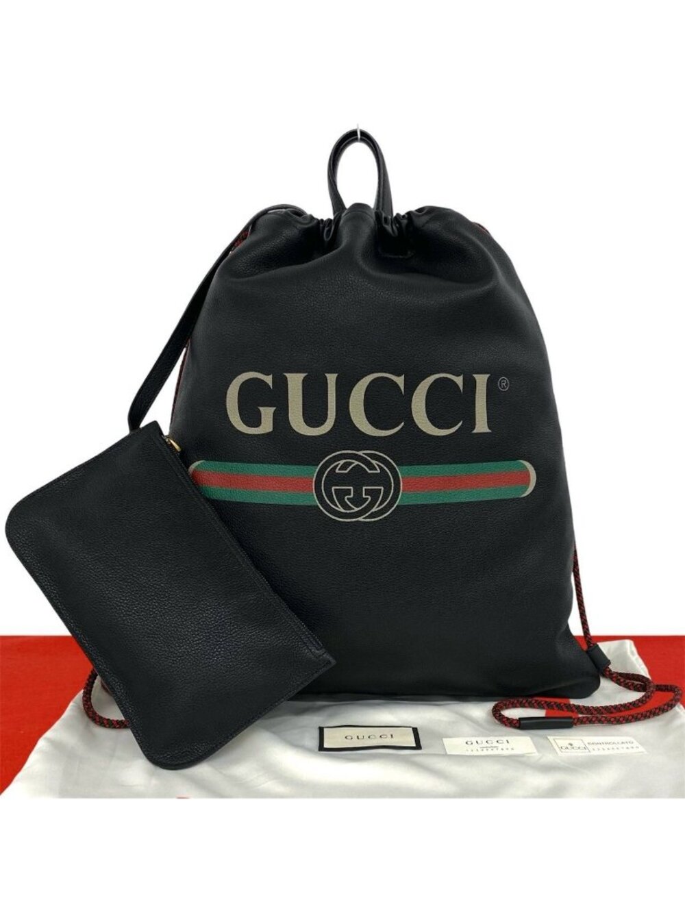 Gucci Logo Leather Drawstring Backpack Knapsack Black